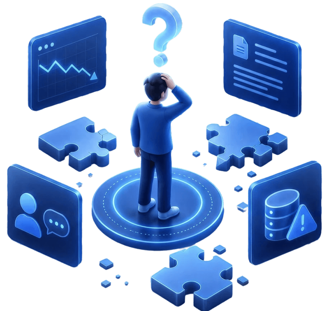 A decision maker surrounded by AI and data challenges