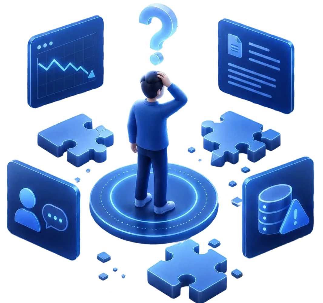 A decision maker surrounded by AI and data challenges
