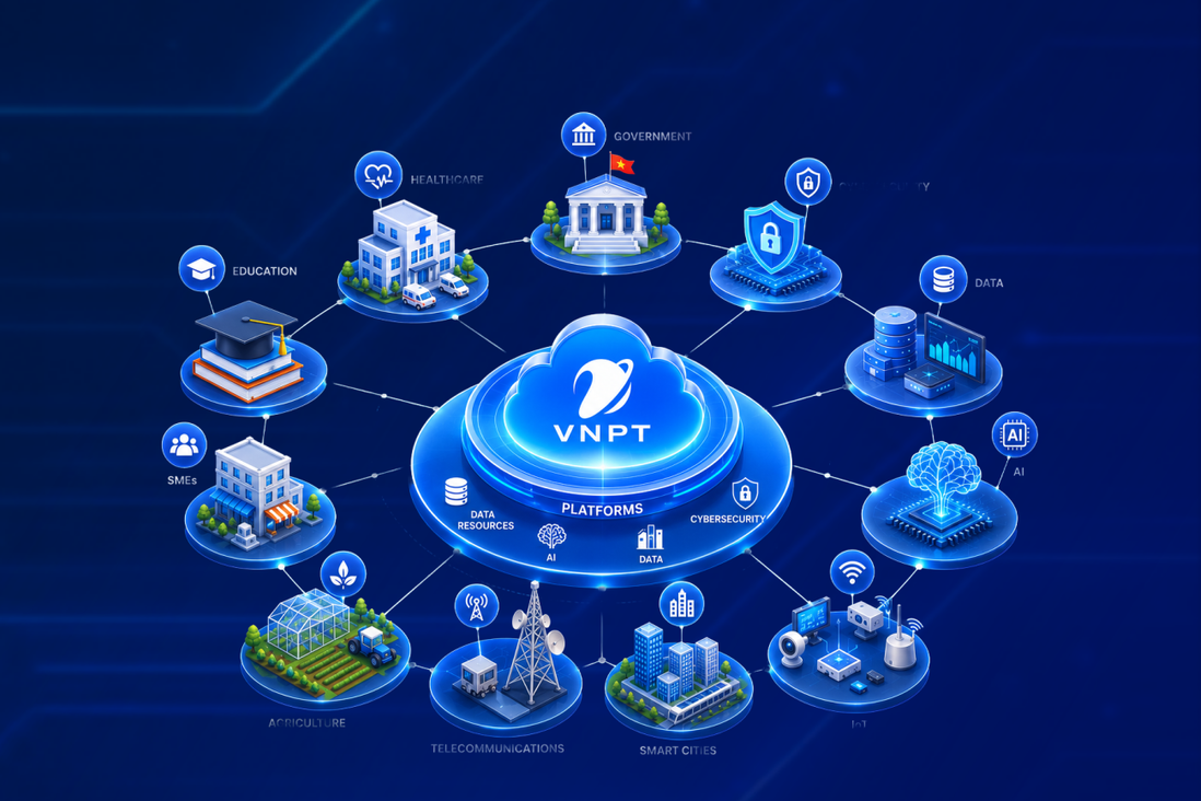 VNPT ecosystem platform connecting government, healthcare, education, SMEs, agriculture, telecommunications, smart cities, IoT, AI, data, and cybersecurity